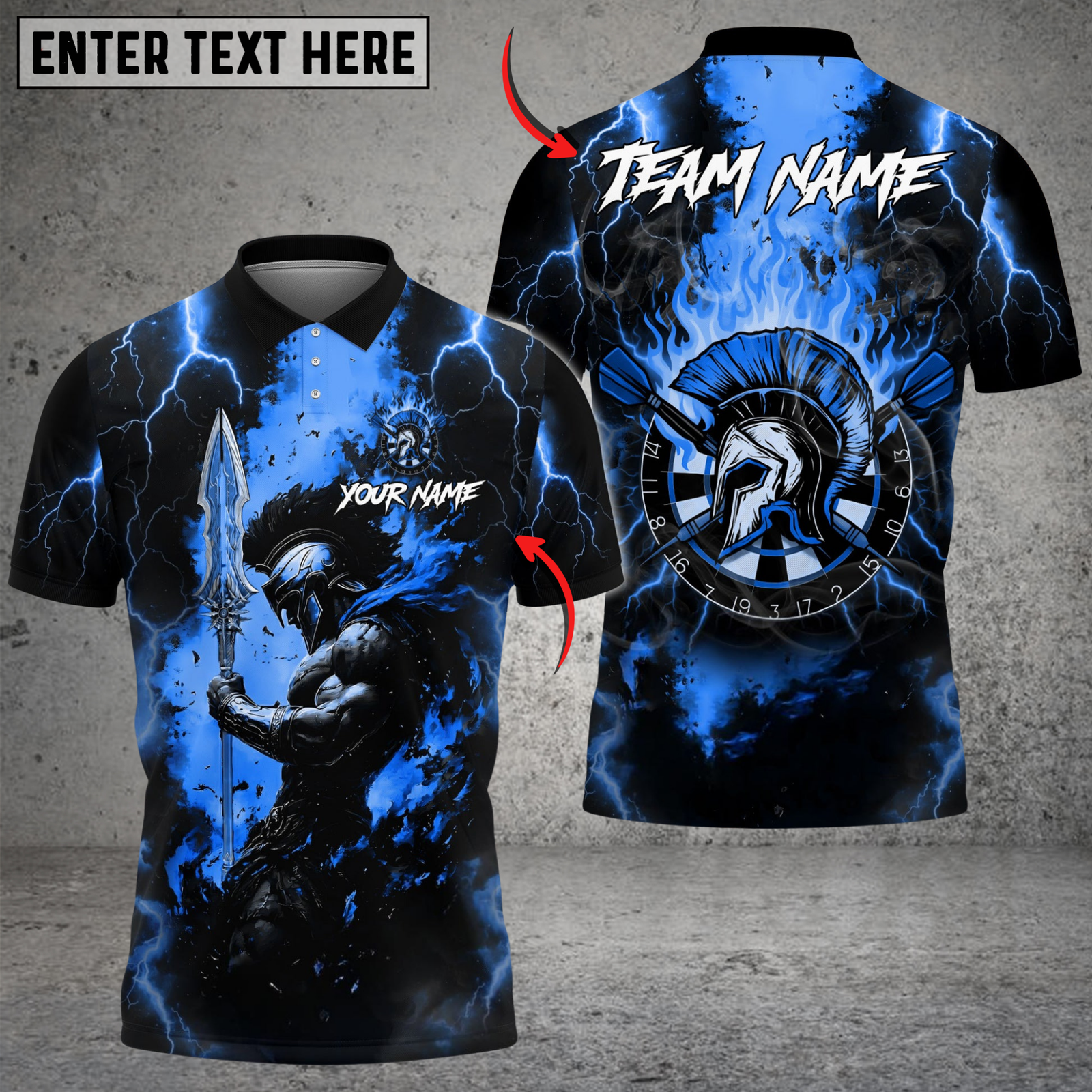 Blisscorners Darts Spartan Lightning Flame Personalized Name, Team Name Shirt (4 Colors)
