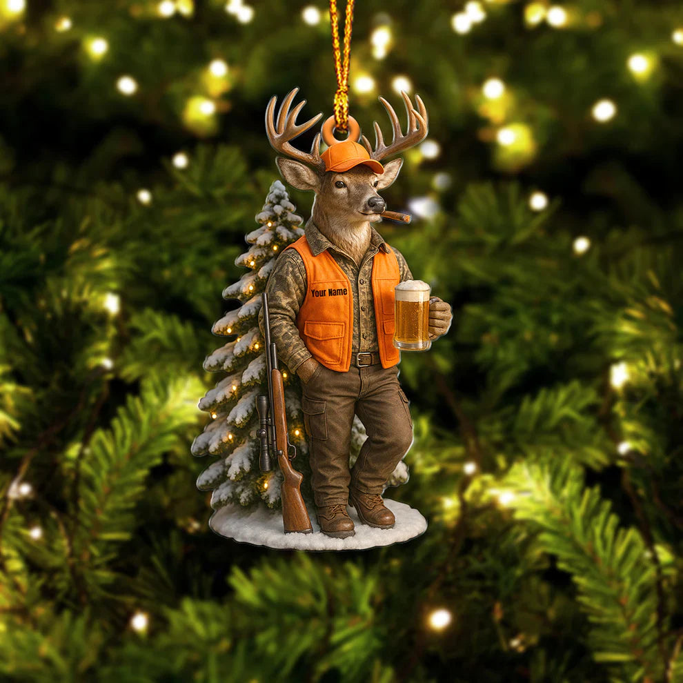 Blisscorners Deer Hunter Christmas Ornament, Custom Name Hunting Ornament, Beer & Buck Holiday Decor, Gift for Hunters and Outdoorsmen