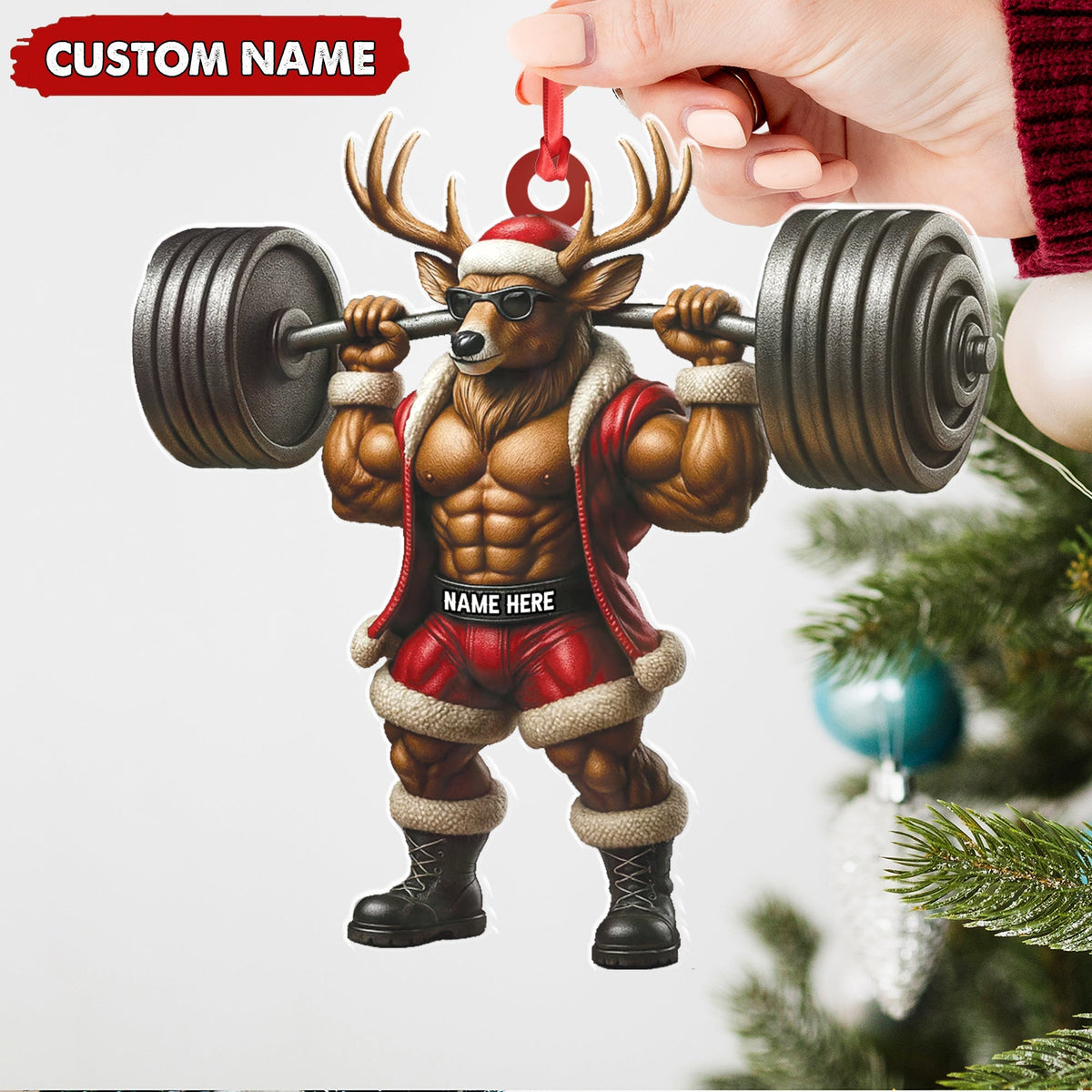 Blisscorners Personalized Acrylic Muscle Deer Christmas Ornament - Custom Weightlifting Holiday Decoration LM0110