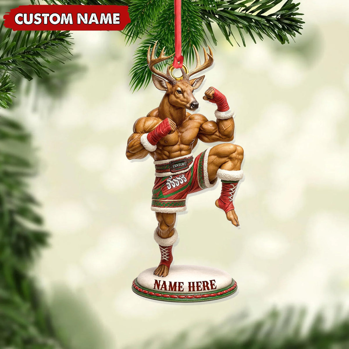 Blisscorners Custom Name Muay Thai Deer Ornament, Funny Boxing Deer Christmas Decoration LM0411