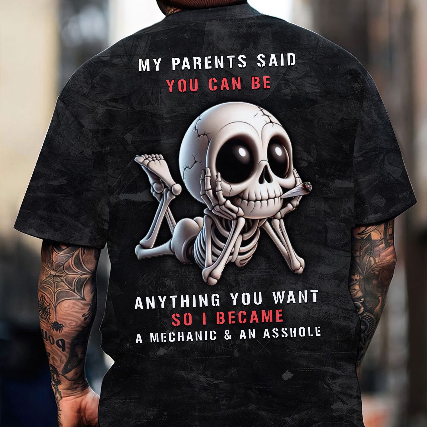 Blisscorners Funny Skeleton Mechanic Shirt, My Parents Said I Can Be Anything Unique Humor Apparel for Mechanics and Rebels, Funny Gift for Men