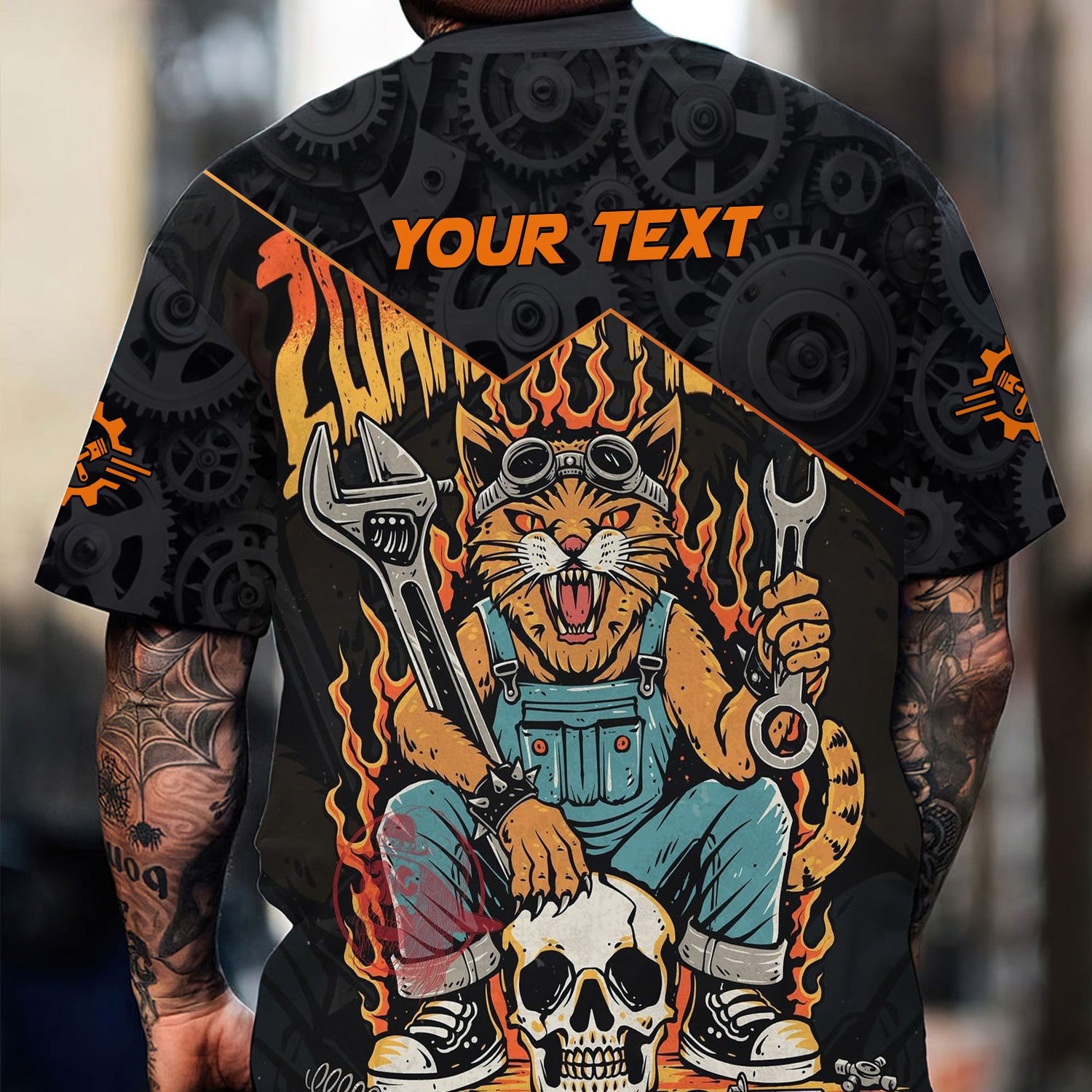 Blisscorners Personalized Mechanic Shirt Custom Name Funny Cat Skull Wrench Flames Auto Repair Garage Workwear Tee Car Repair Shirt Gift For Men Dad