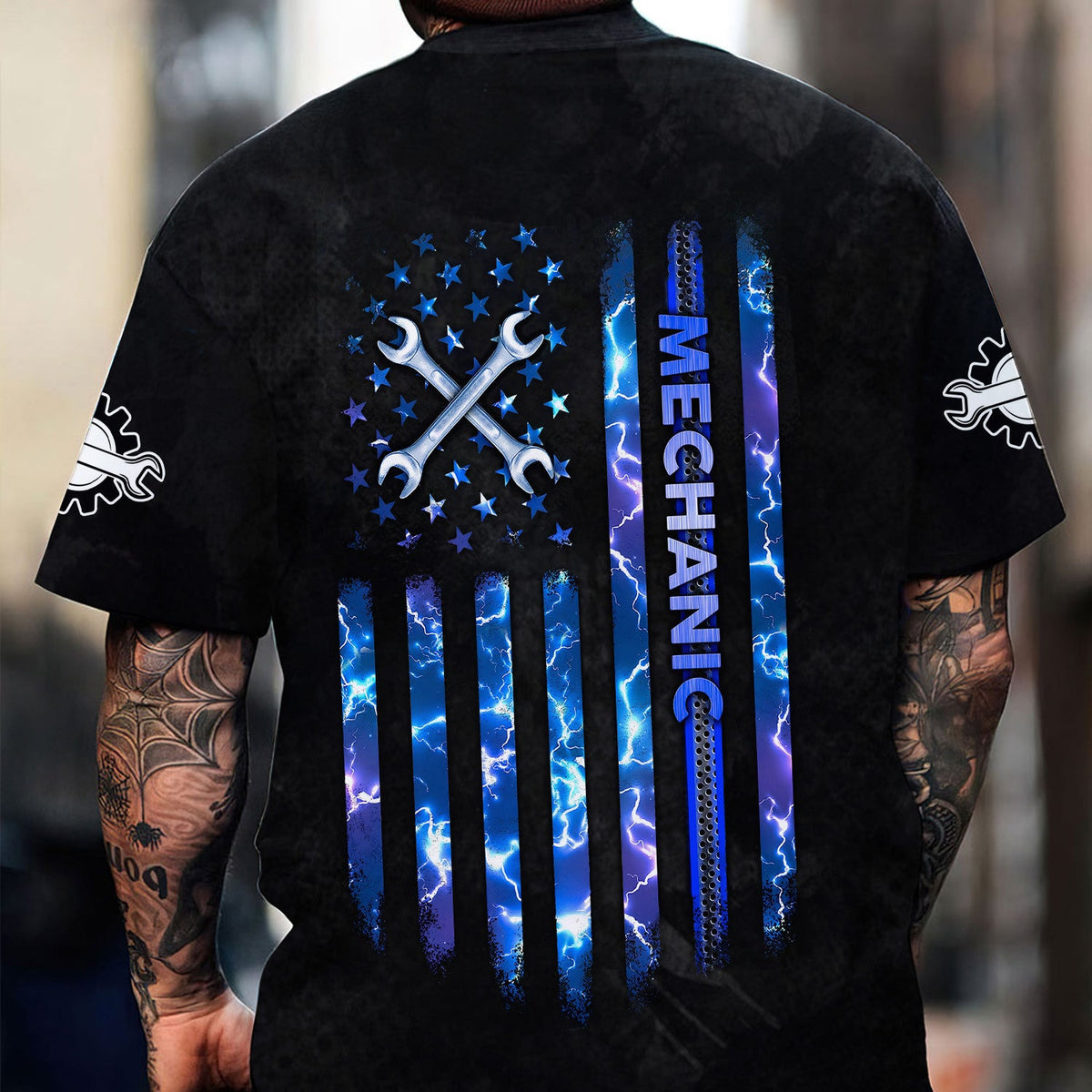 Blisscorners American Flag Mechanic Shirt, Blue Lightning & Tools Graphic, Perfect Patriotic Gift Shirt for Auto Repair Workers & Garage Fans