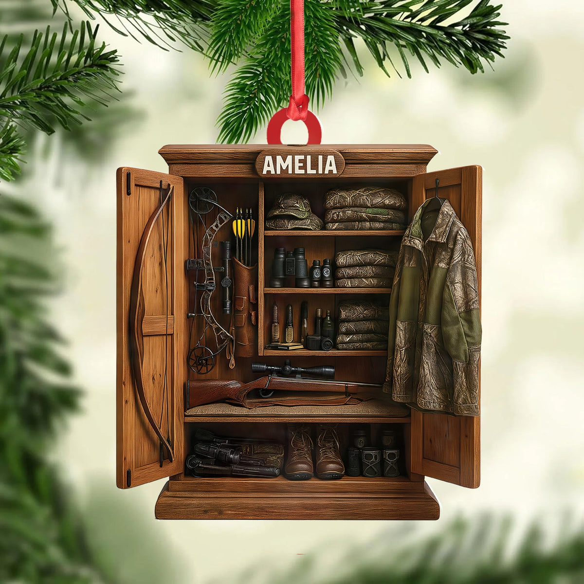 Blisscorners Personalized Hunter’s Gear Closet Ornament, Custom Name Hunting Equipment Christmas Decoration LM0411