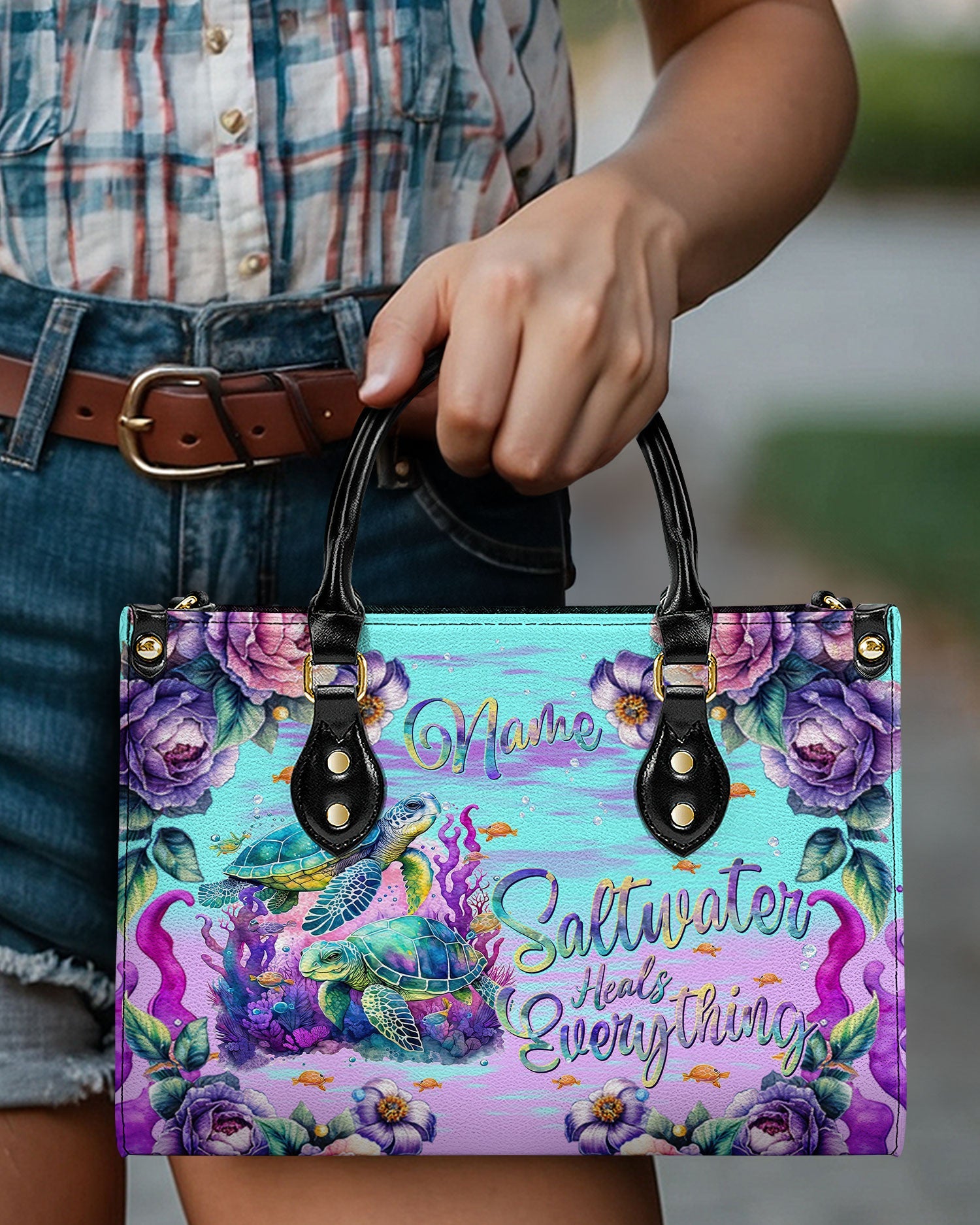 BLISSCORNERS SALTWATER HEALS EVERYTHING TURTLE LEATHER HANDBAG