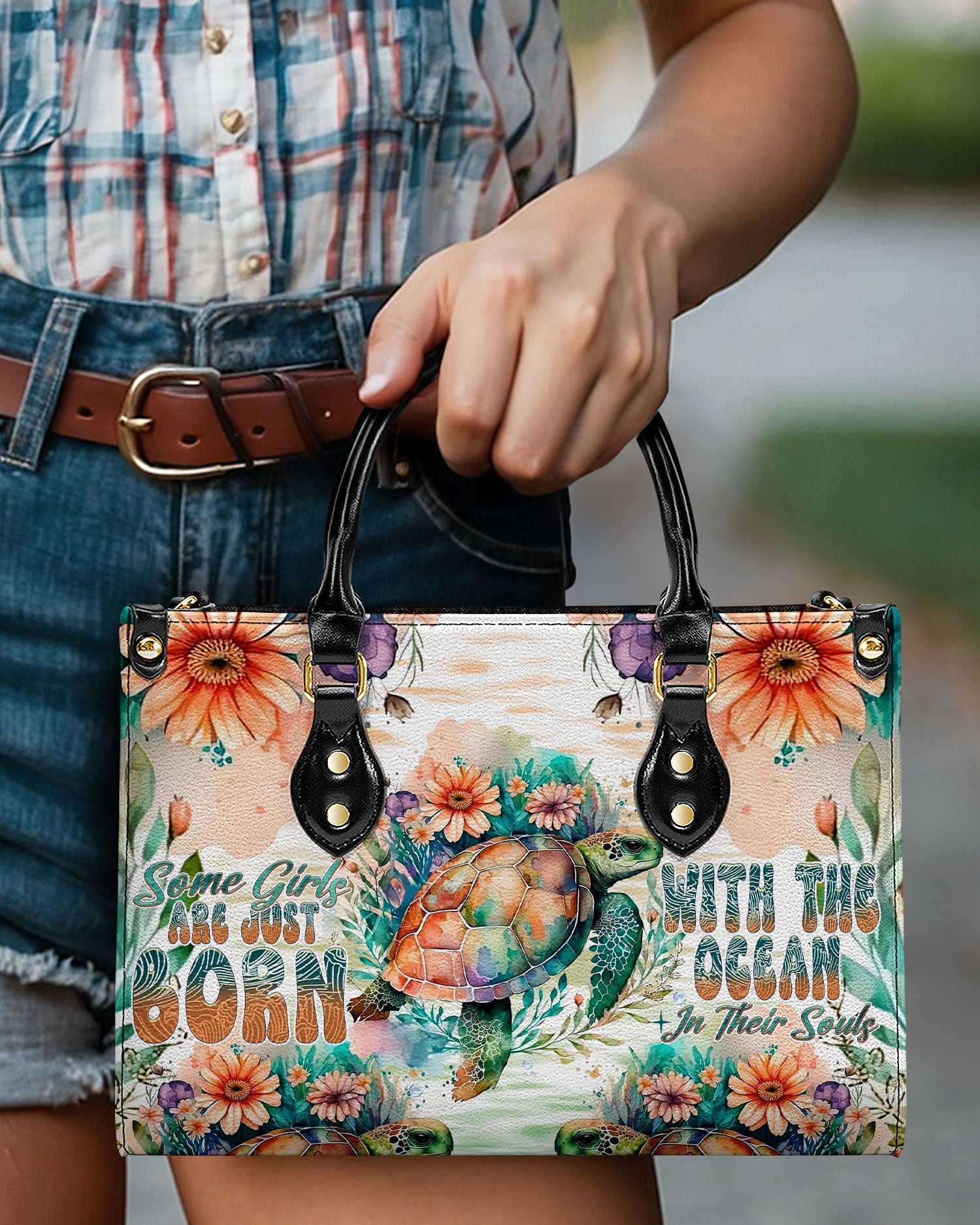 BLISSCORNERS SOME GIRLS ARE JUST BORN TURLTE WATERCOLOR LEATHER HANDBAG
