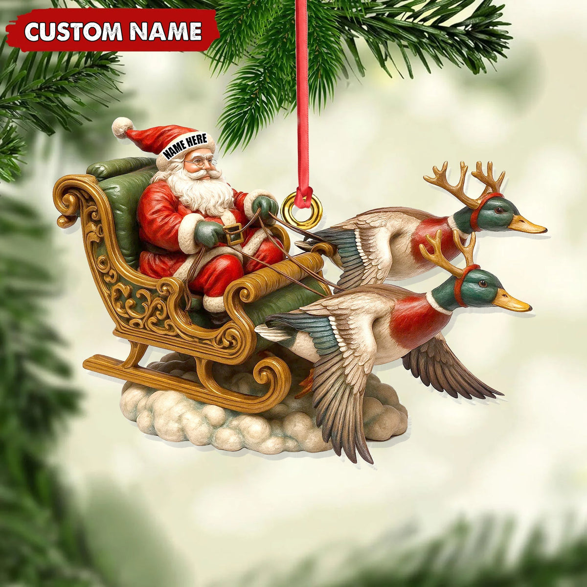 Blisscorners Personalized Santa Sleigh Duck Ornament, Custom Name Christmas Gift for Hunters LM0411