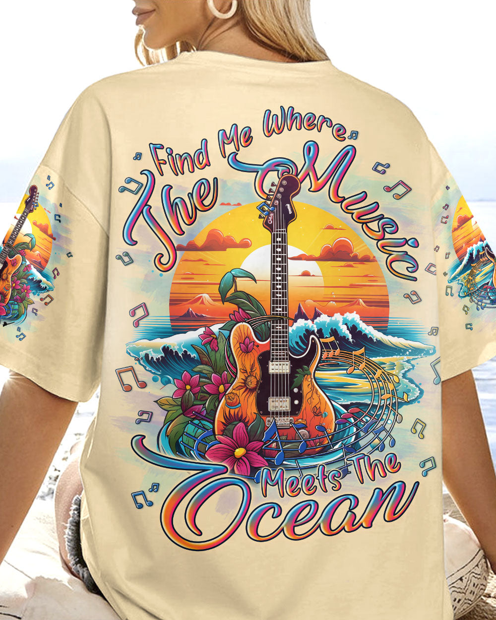 BLISSCORNERS FIND ME WHERE THE MUSIC MEETS THE OCEAN GUITAR ALL OVER PRINT
