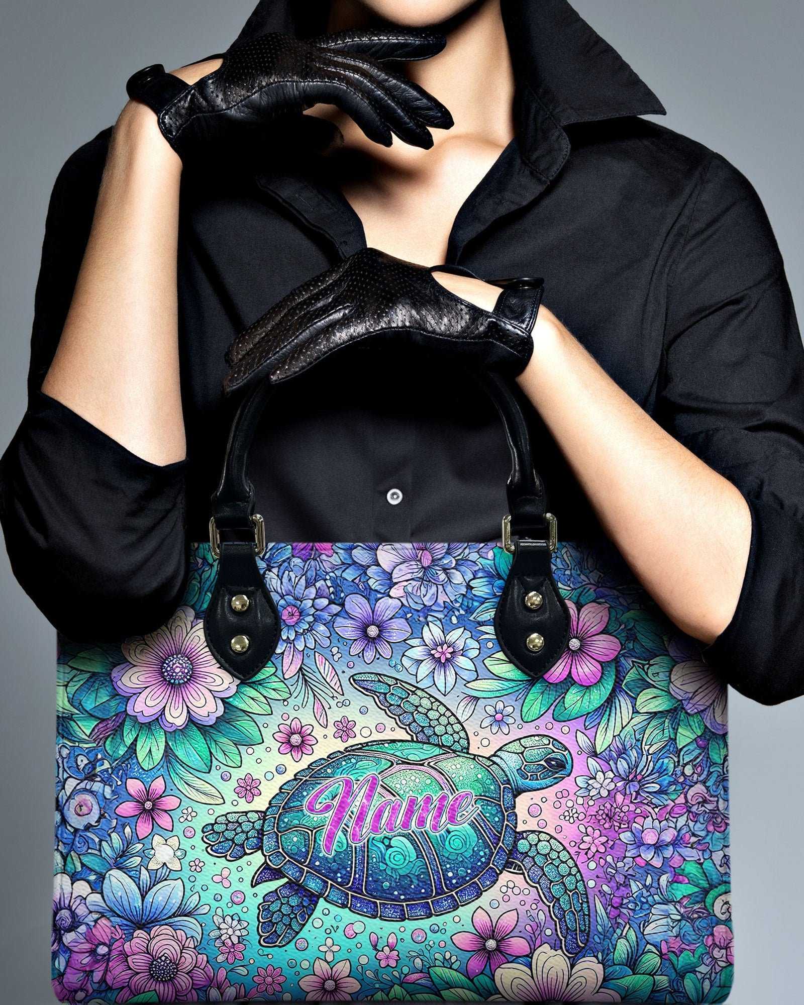 BLISSCORNERS SEA TURTLE FLORAL LEATHER HANDBAG