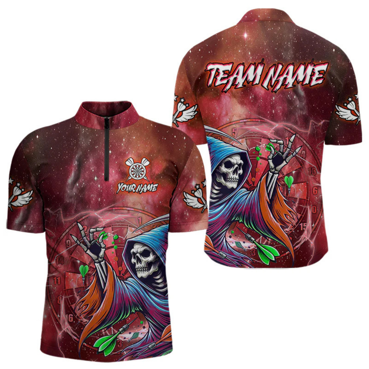 Blisscorners Death Skeleton Red Galaxy Funny Dart Shirts For Men Custom Darts Jerseys Outfit, Darts Gifts LM154