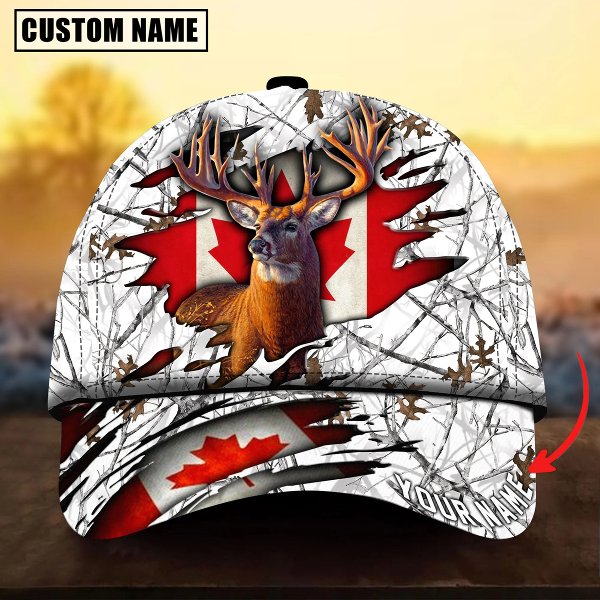 Blisscorners Deer Hunting Canadian Flag Camouflage Pattern Multicolor Personalized Name 3D Cap