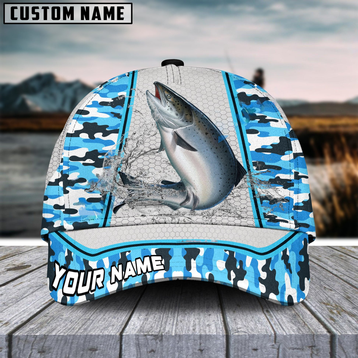 Blisscorners Salmon Fishing Light Blue Camo Customized Name 3D Cap