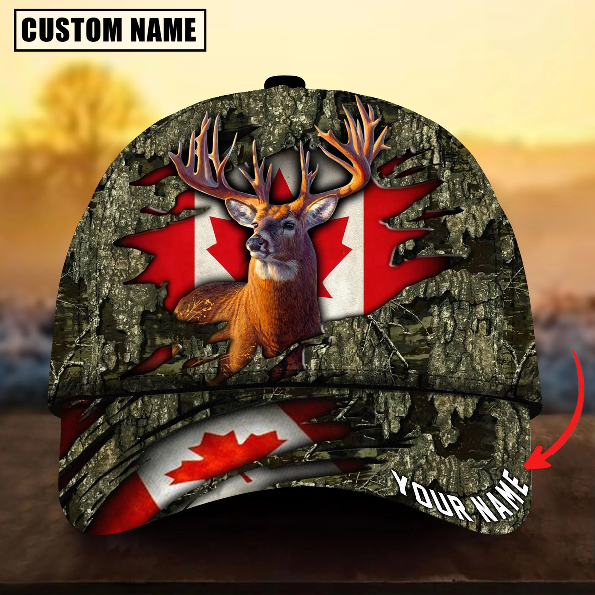 Blisscorners Deer Hunting Canadian Flag Camouflage Pattern Multicolor Personalized Name 3D Cap