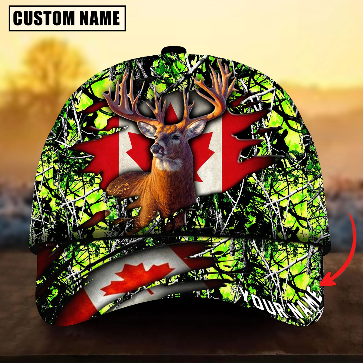 Blisscorners Deer Hunting Canadian Flag Camouflage Pattern Multicolor Personalized Name 3D Cap