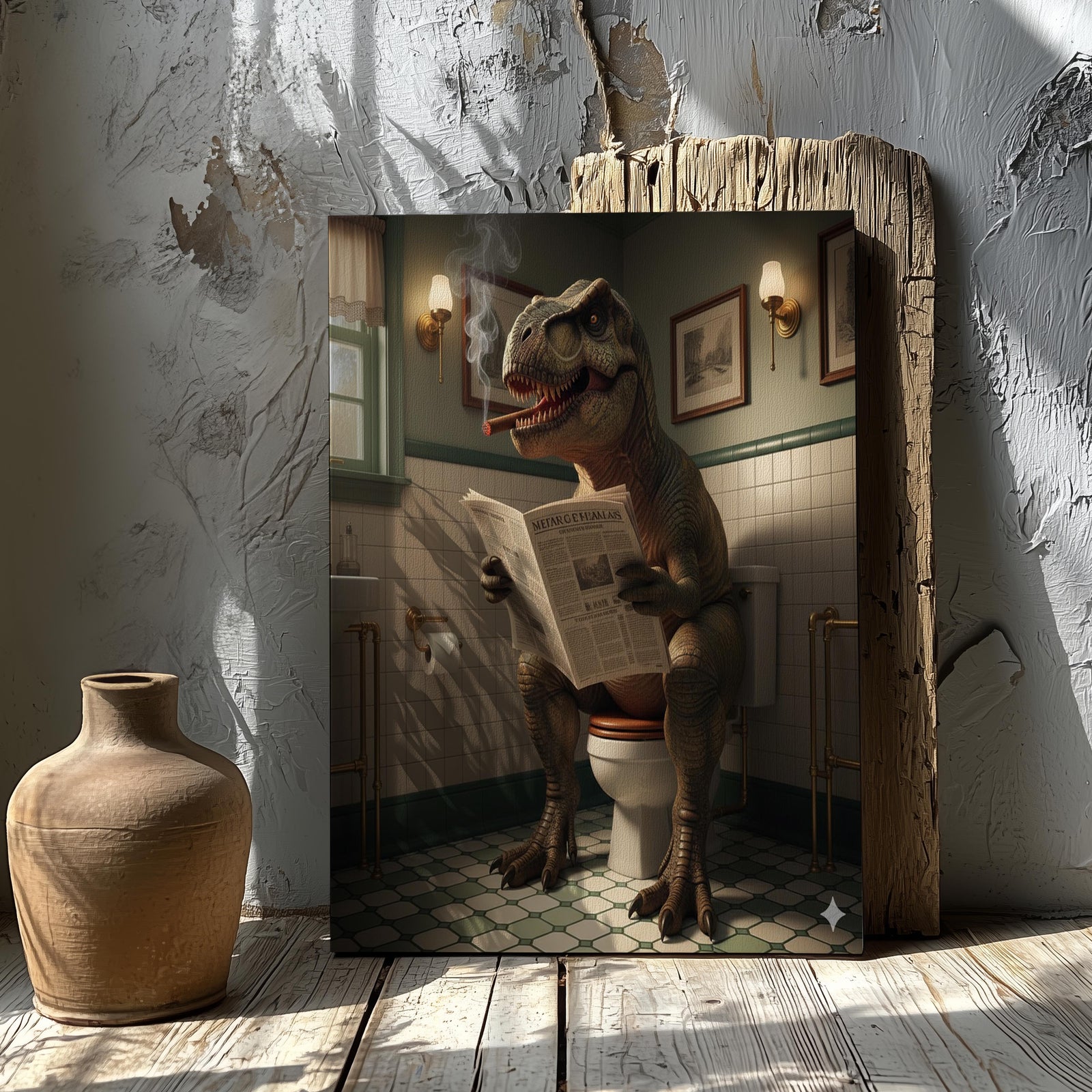 Blisscorners Funny Bathroom Wall Art Canvas – T-Rex Reading Newspaper Smoking Cigar Print for Man Cave Decor & Gag Gift for Men LM2611