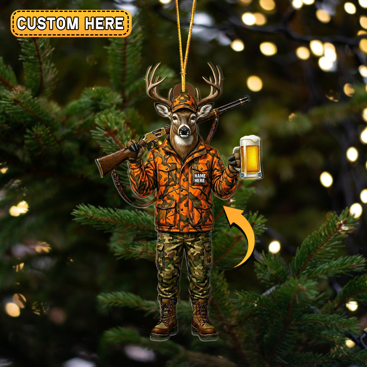 Blisscorners Personalized Deer Hunter Beer Mug Hunting Acrylic Christmas Ornament And Keychain Custom Gift For Hunters 2D Flat