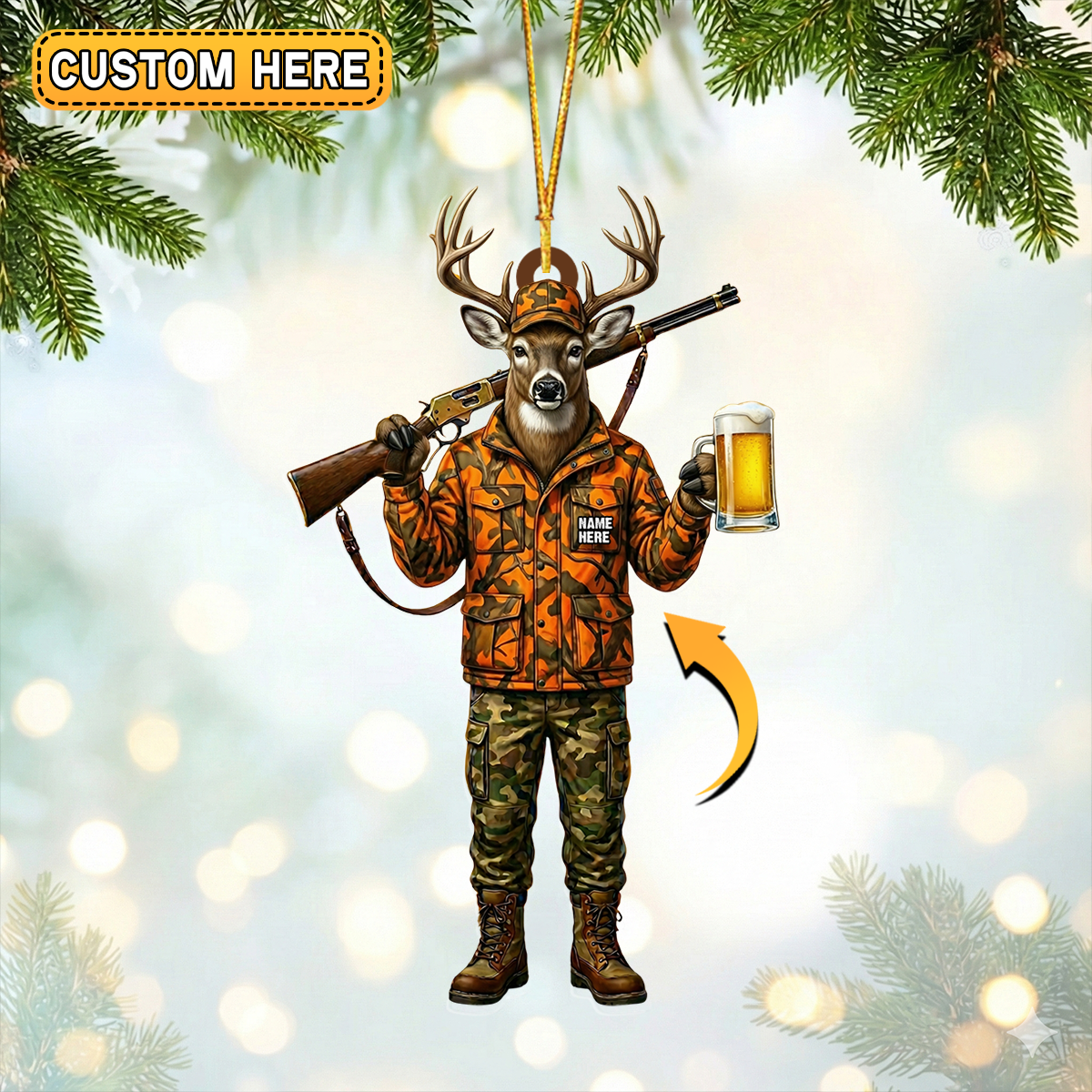 Blisscorners Personalized Deer Hunter Beer Mug Hunting Acrylic Christmas Ornament And Keychain Custom Gift For Hunters 2D Flat