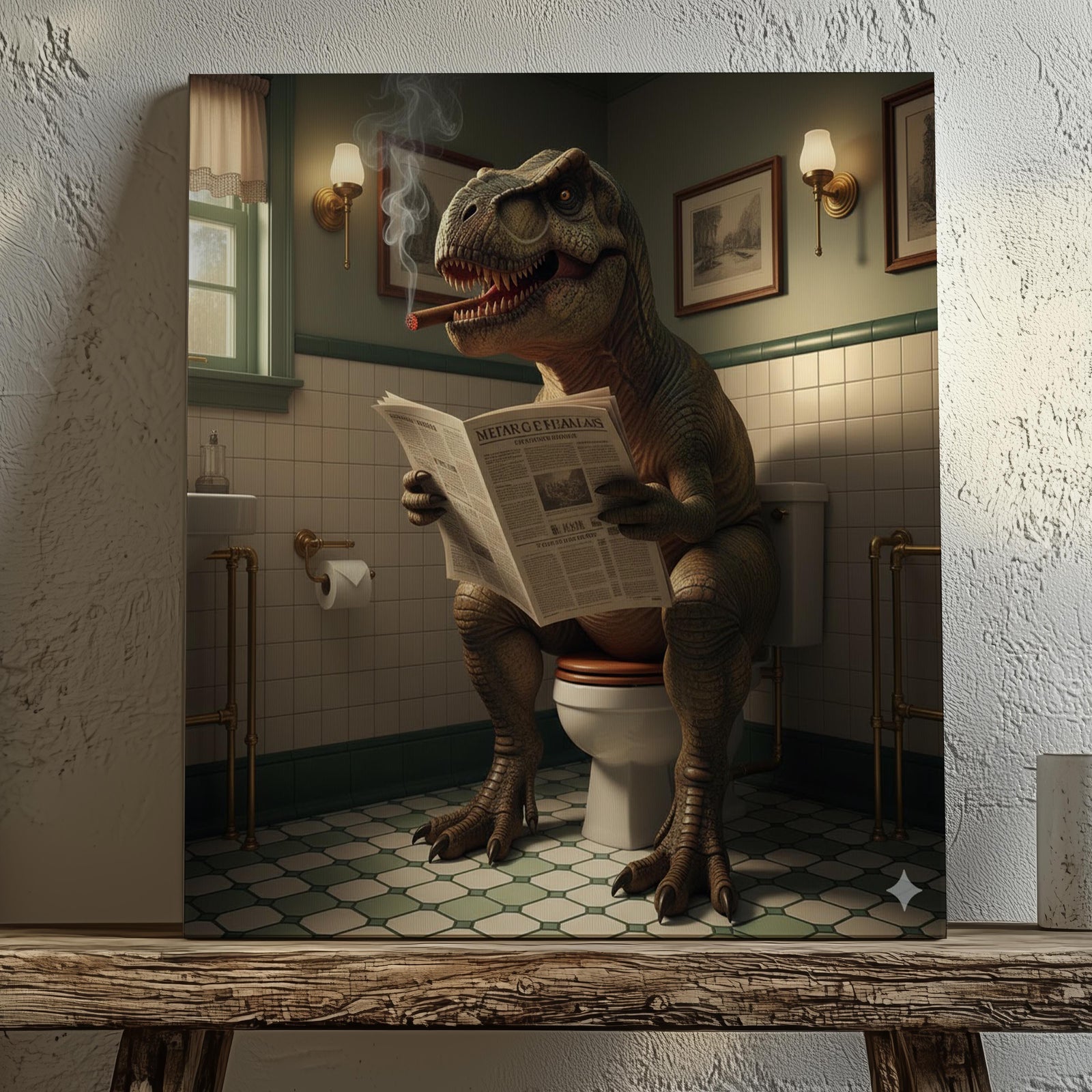 Blisscorners Funny Bathroom Wall Art Canvas – T-Rex Reading Newspaper Smoking Cigar Print for Man Cave Decor & Gag Gift for Men LM2611