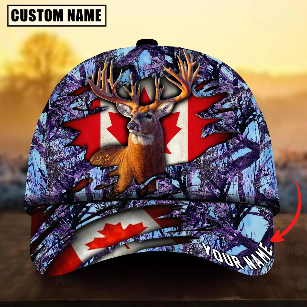 Blisscorners Deer Hunting Canadian Flag Camouflage Pattern Multicolor Personalized Name 3D Cap