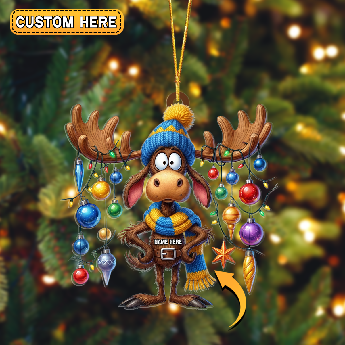 Blisscorners Personalized Cartoon Moose Bauble Hunting Acrylic Christmas Ornament And Keychain Custom Gift For Hunters 2D Flat