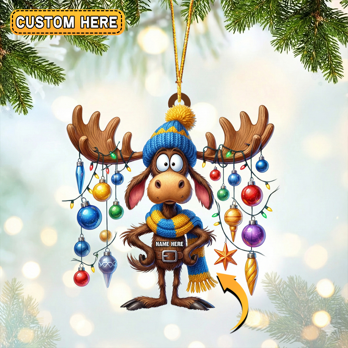 Blisscorners Personalized Cartoon Moose Bauble Hunting Acrylic Christmas Ornament And Keychain Custom Gift For Hunters 2D Flat