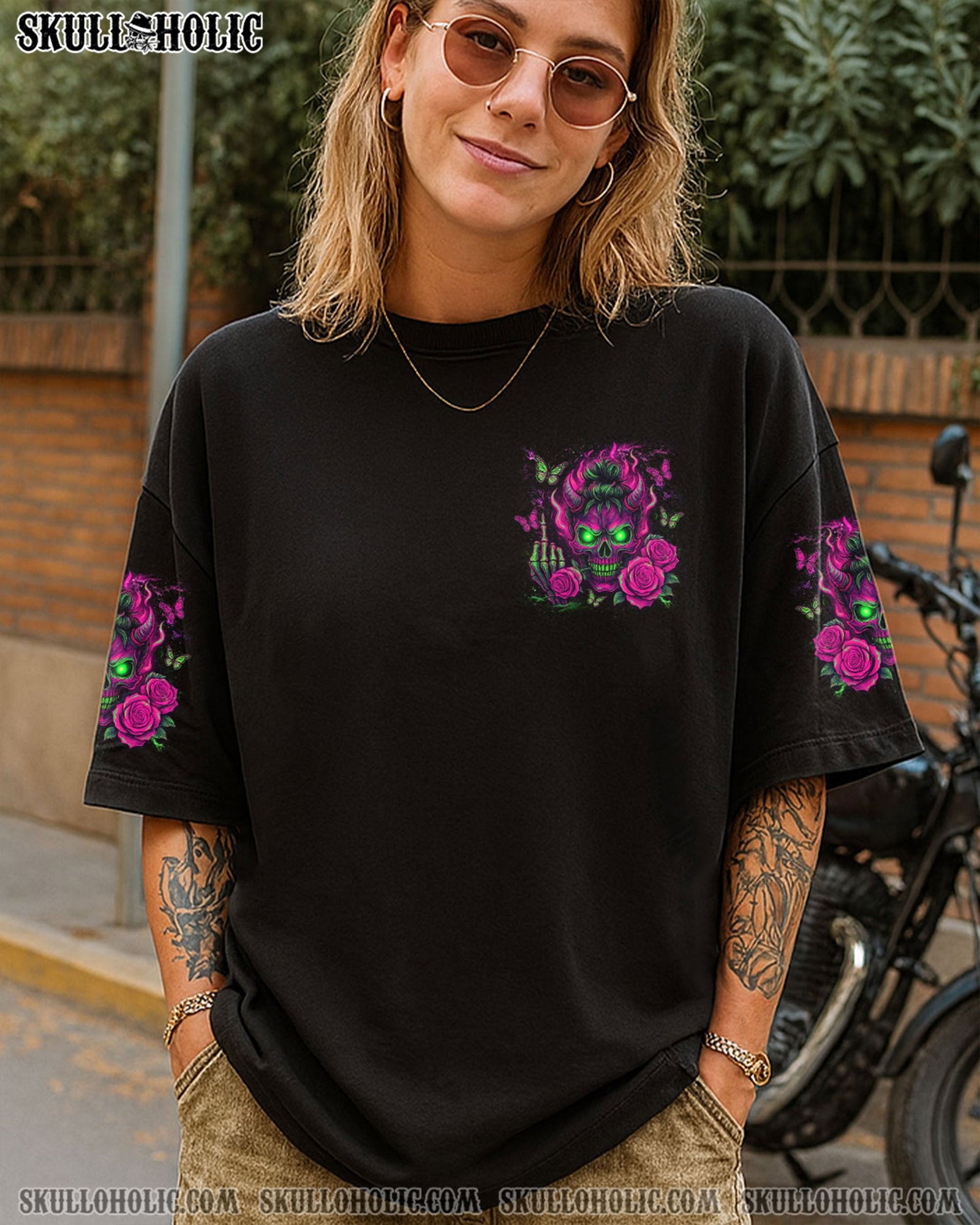 BLISSCORNERS KARMA IS A GOOD JUDGE SKULL MESSY BUN ALL OVER PRINT