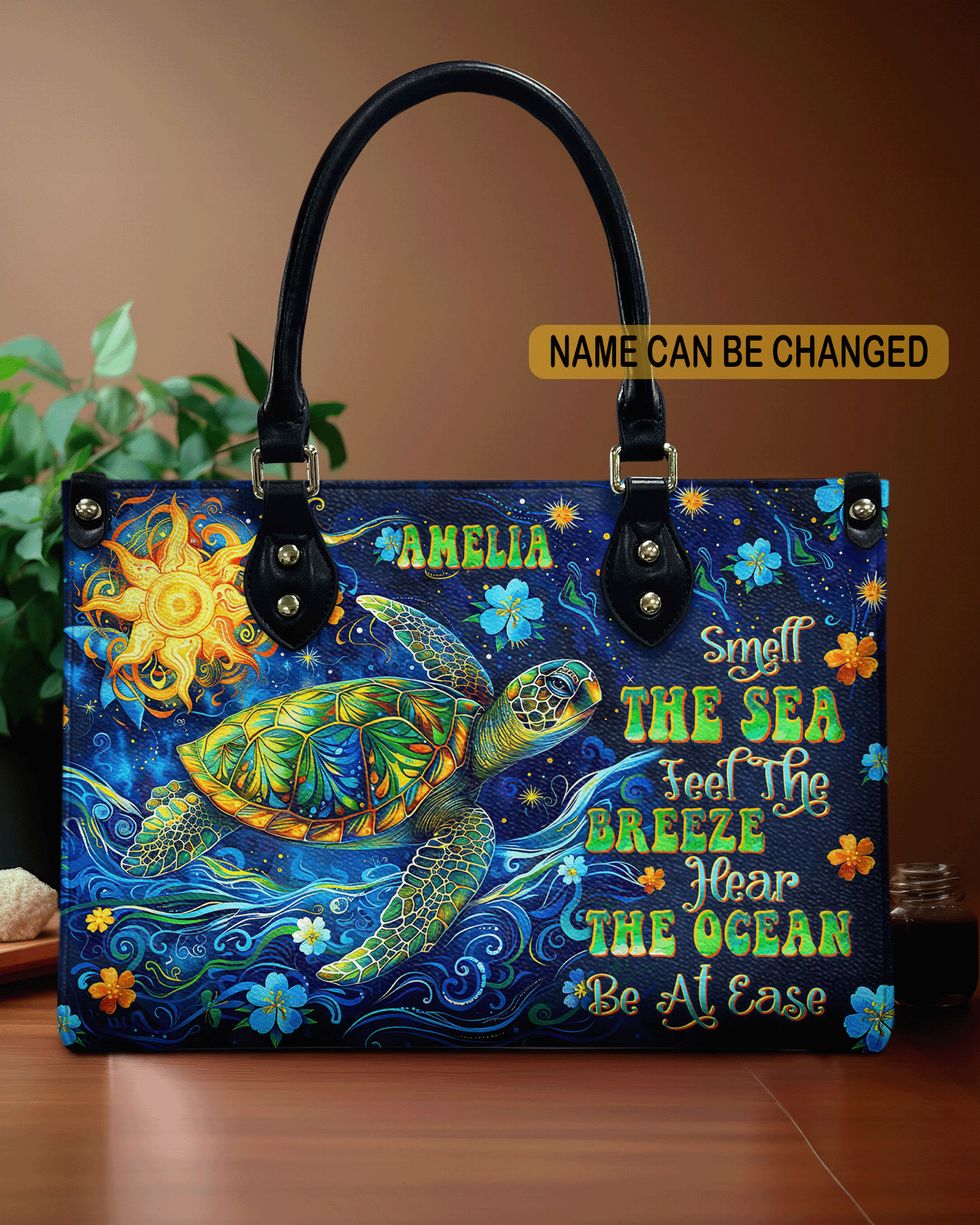 BLISSCORNERS SMELL THE SEA FEEL THE BREEZE TURTLE LEATHER HANDBAG