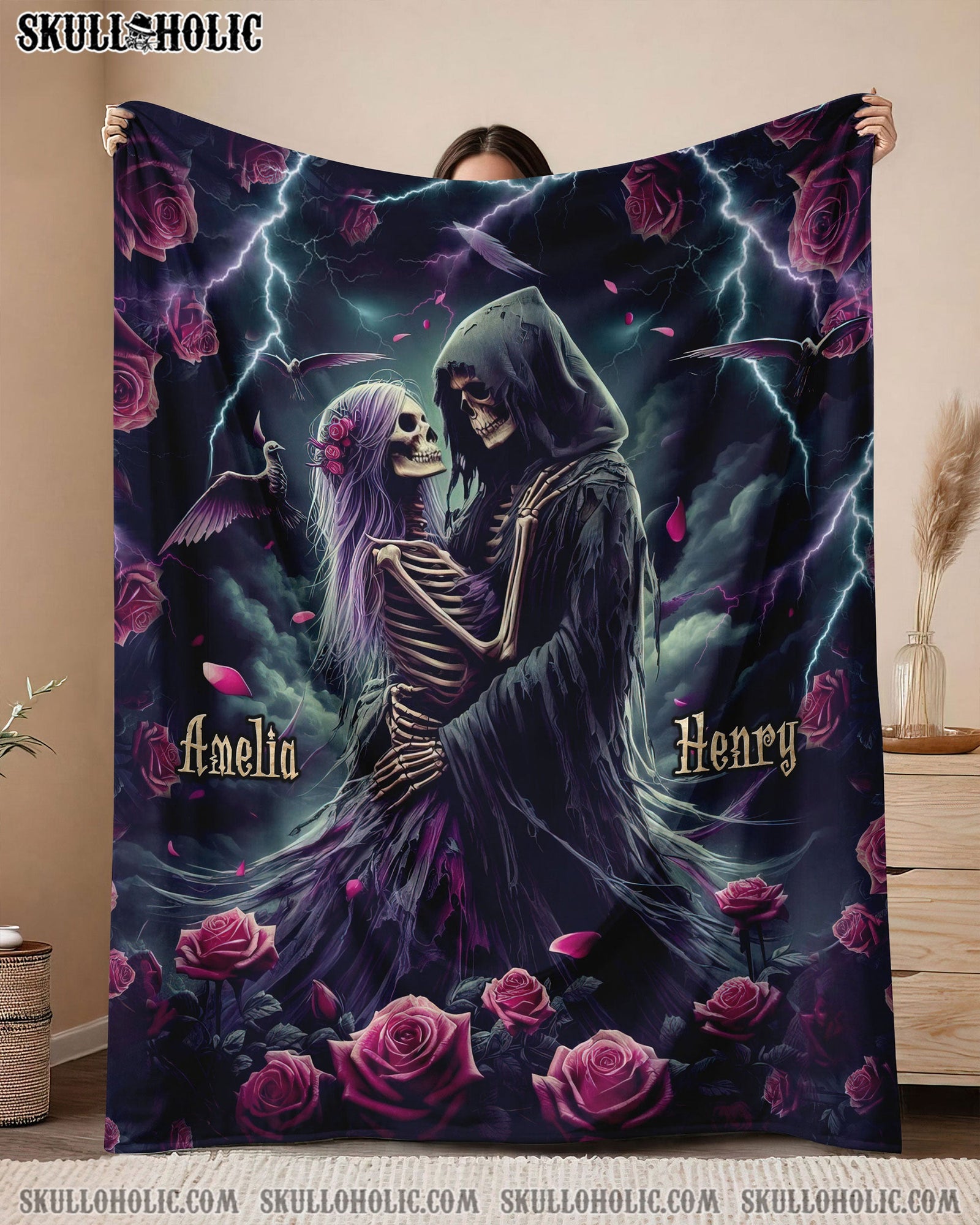 BLISSCORNERS PERSONALIZED SKULL COUPLE FLEECE BLANKET