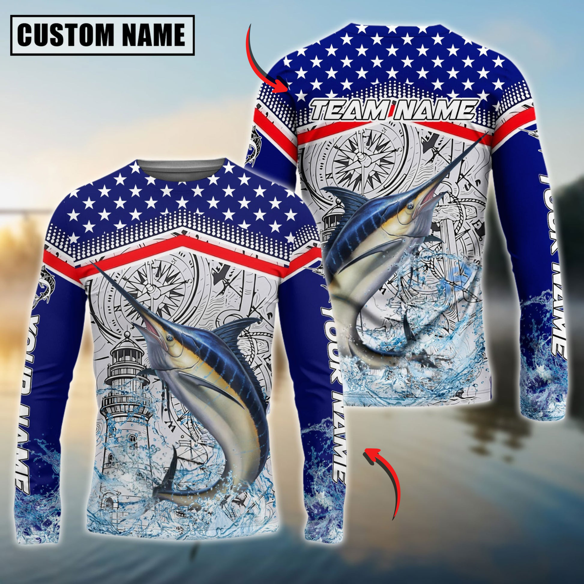 Blisscorners Marlin Fishing American Anchor Compass Lighthouse Graphic Custom Name & Team Name 3D Shirts