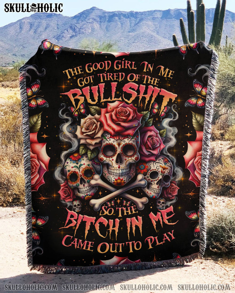 BLISSCORNERS THE GOOD GIRL IN ME BONES SUGAR SKULL WOVEN AND FLEECE BLANKET