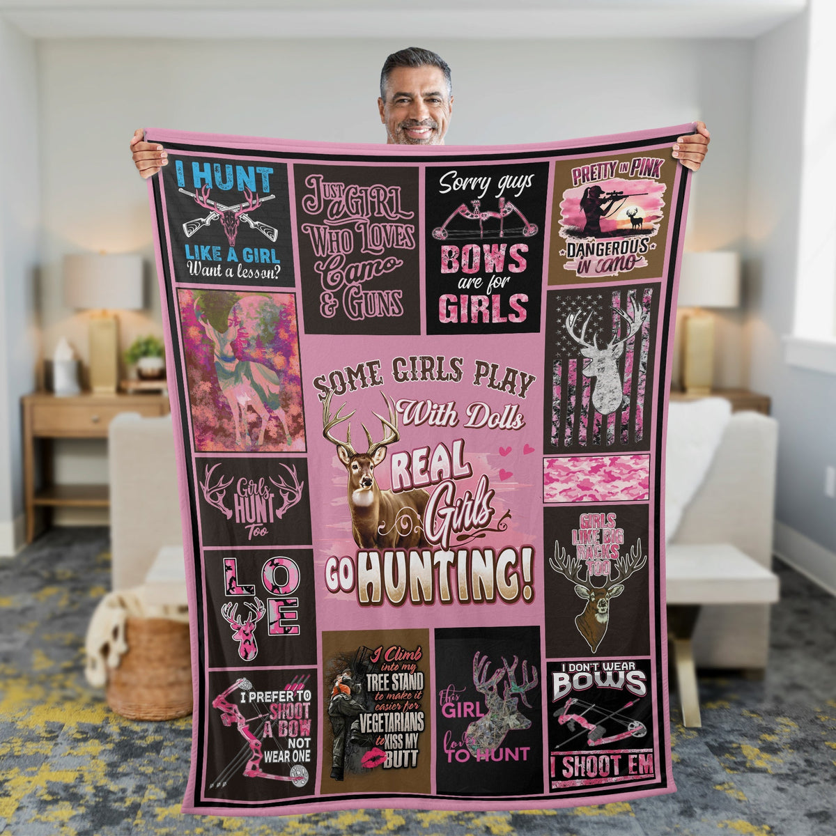 Blisscorners Real Girls Go Hunting Fleece Blanket - Pink Deer Hunting Gift for Women LM1611