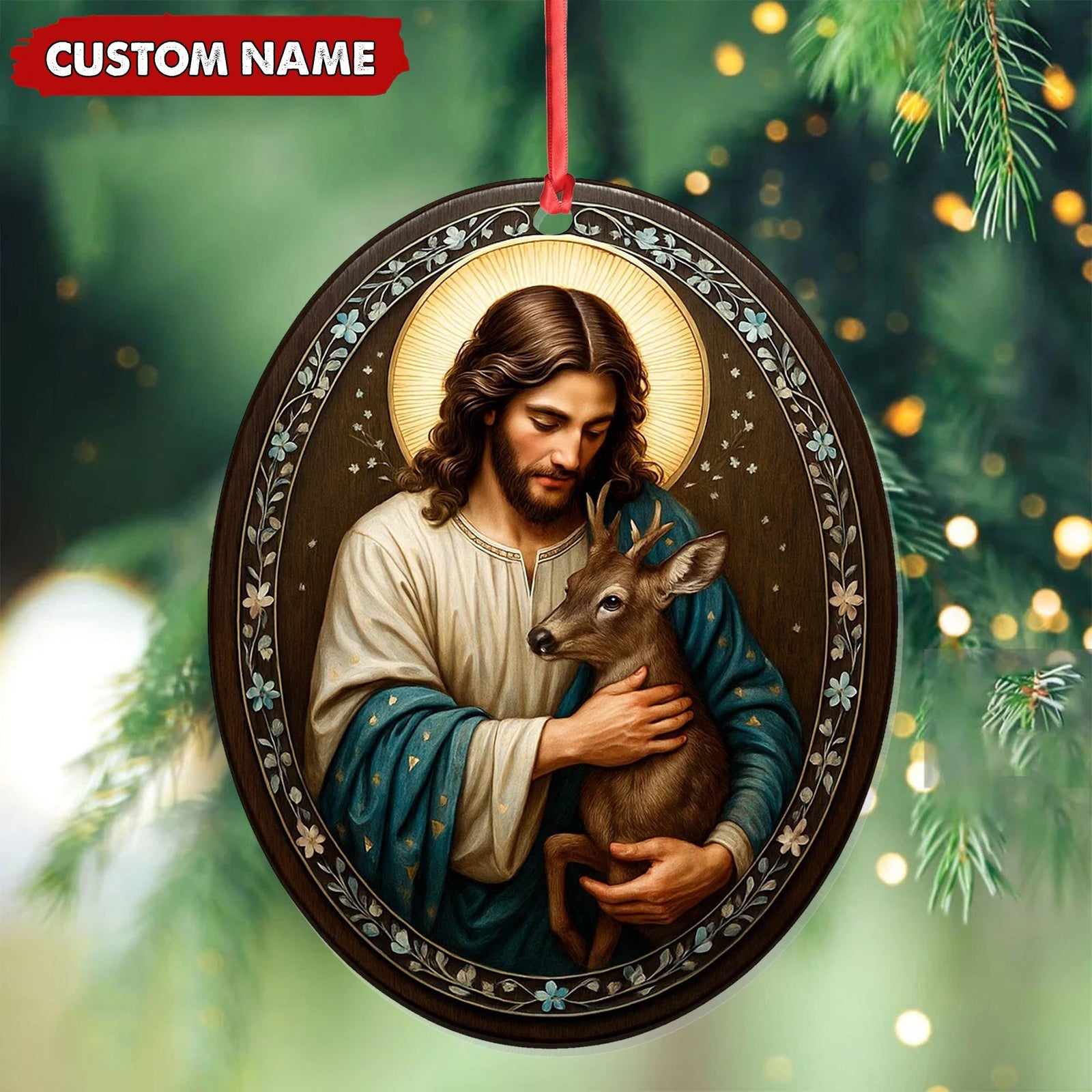 Blisscorners Custom Jesus Holding Deer Christmas Ornament, Personalized Name Christian Tree Decoration, Religious Woodland Gift for Faith Family MT2411