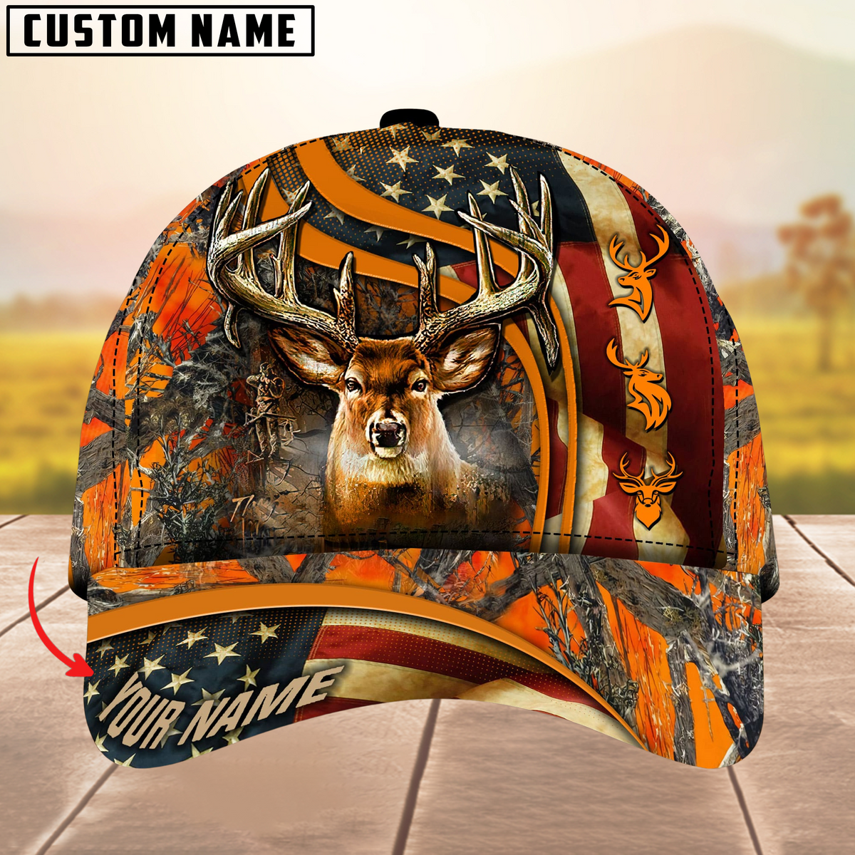 Blisscorners USA Flag Deer Hunting Camouflage Pattern Multicolor Personalized Name 3D Cap