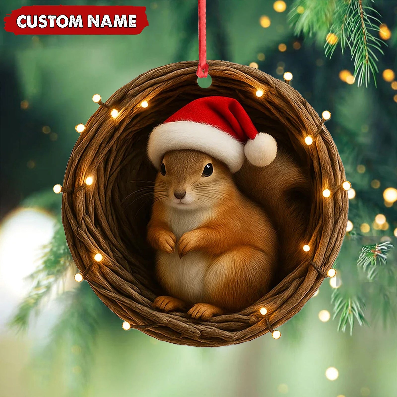 Blisscorners Personalized Squirrel Christmas Ornament, Custom Name Woodland Nest Santa Hat Decoration, Cute Holiday Tree Hanging Gift for Animal Lovers MT2411