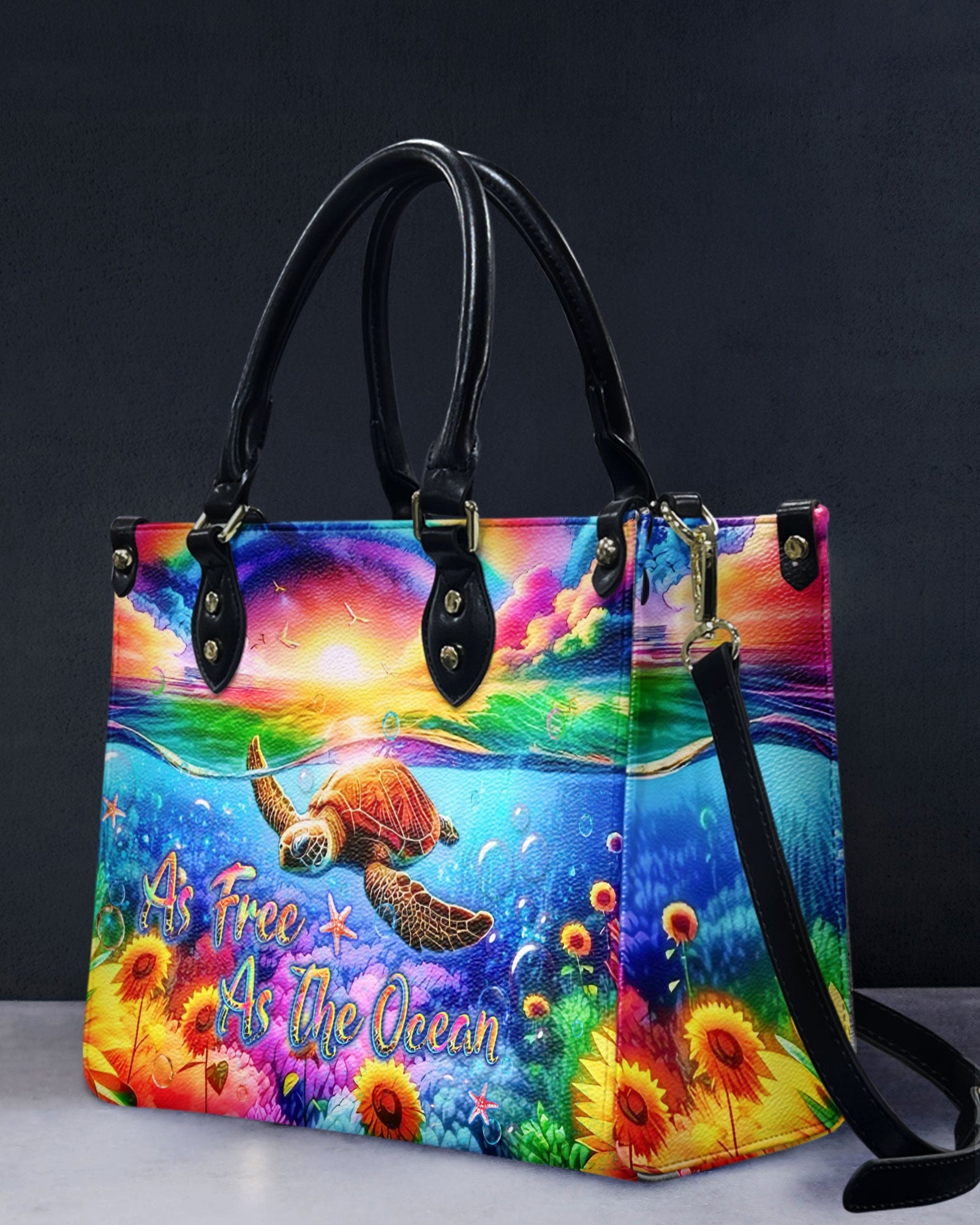 BLISSCORNERS AS FREE AS THE OCEAN TURTLE SUNFLOWERS LEATHER HANDBAG