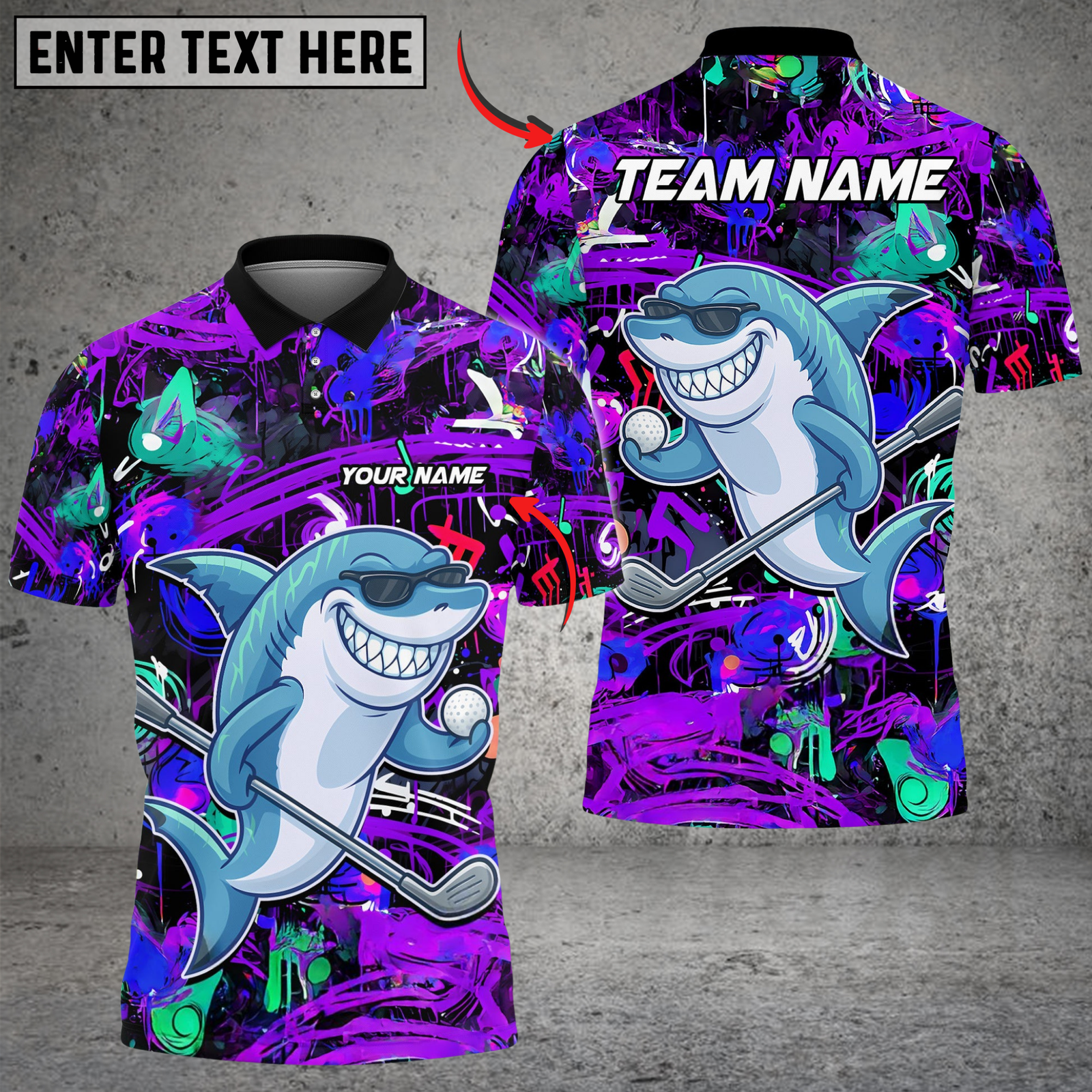 Blisscorners Shark Swing Graffiti Golf Polo Shirt, Customized Name & Team Name 3D Shirts (4 Colors)