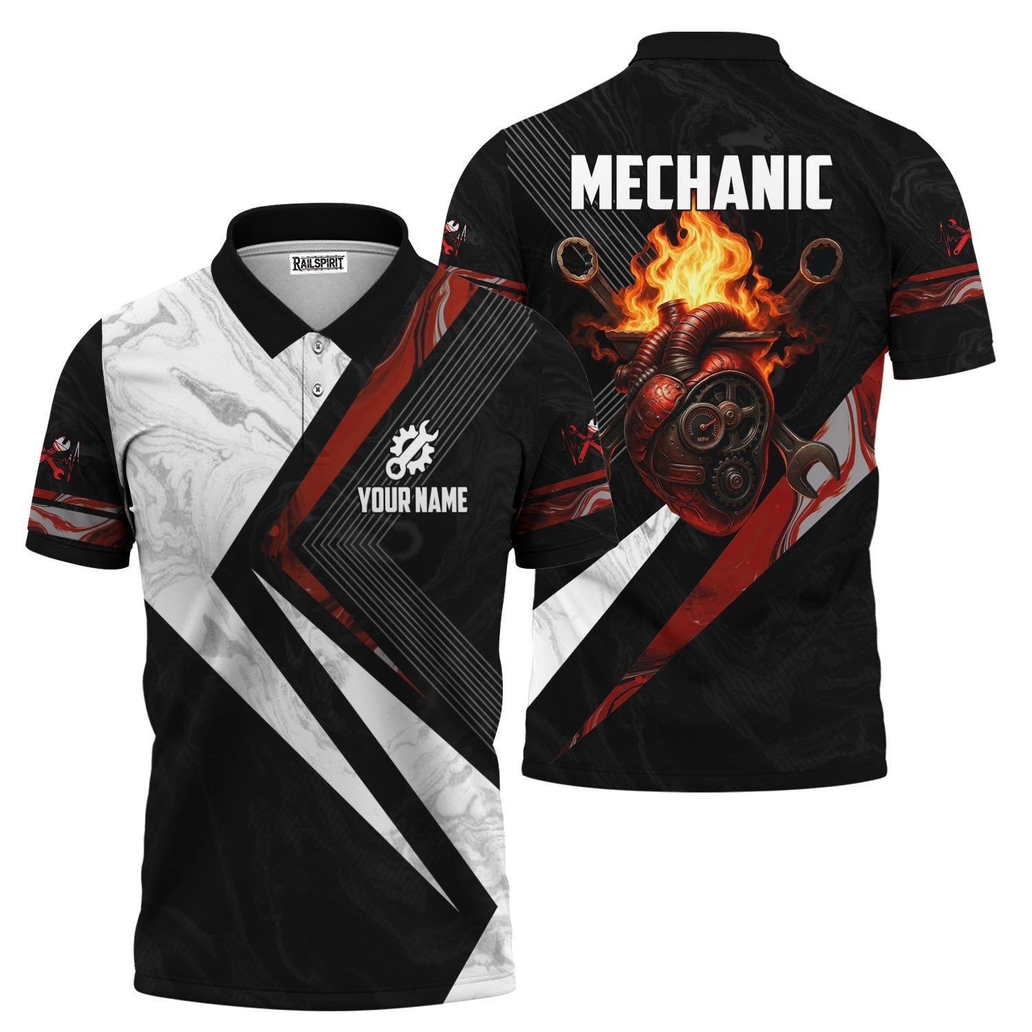 Blisscorners Custom Name Mechanic Shirt Mechanic Heart Fire Printed Mechanic T Shirt