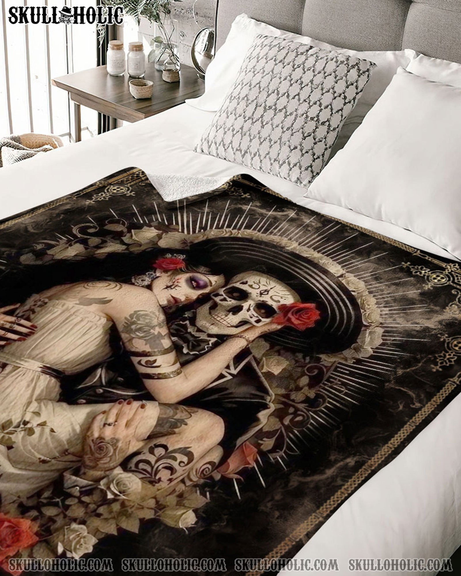BLISSCORNERS PERSONALIZED VINTAGE SKULL COUPLE FLEECE BLANKET