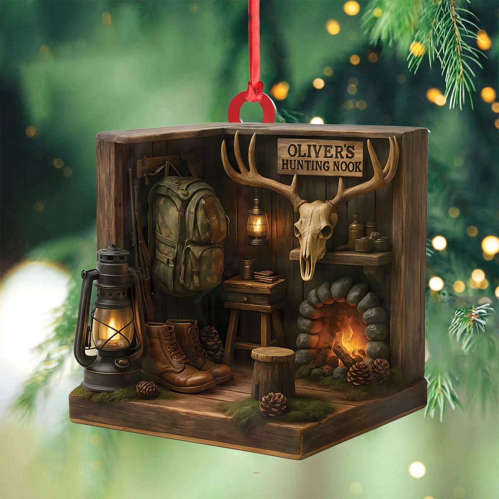 Blisscorners Personalized Hunting Cabin Ornament, Custom Name Deer Antler Lodge Christmas Decoration LM0411