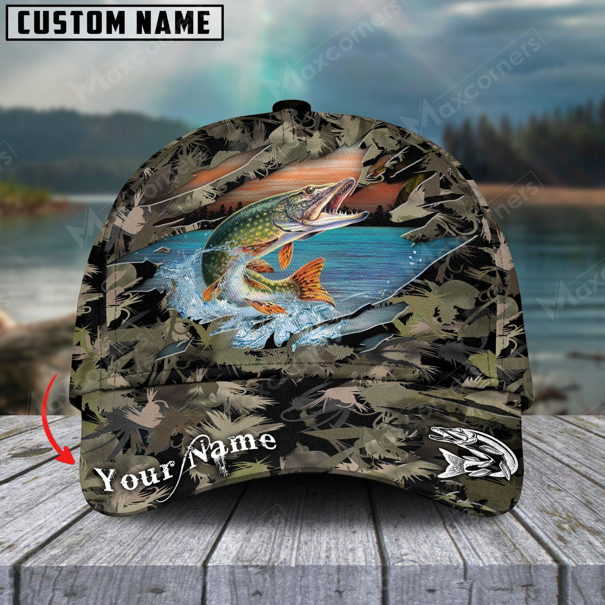 Blisscorners Pike Fishing Lure Camouflage Customized Name 3D Cap