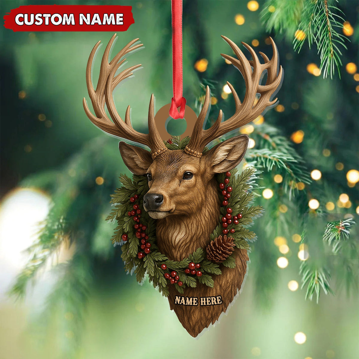 Blisscorners Personalized Rustic Deer Head Christmas Acrylic Ornament - 3D Holiday Decor & Perfect Gift for Hunters & Nature Lovers