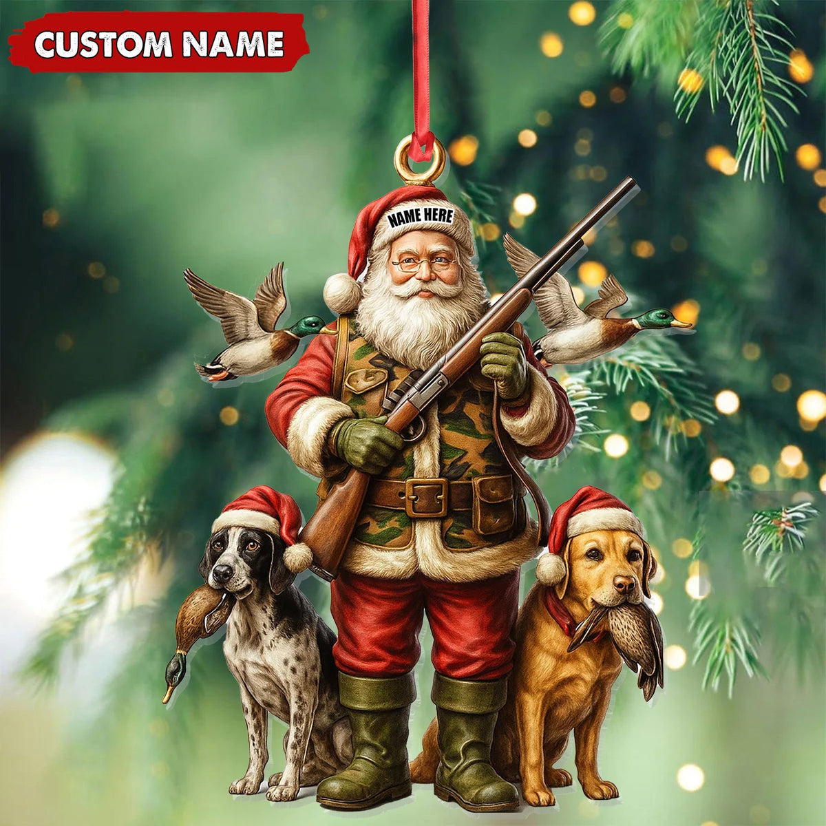 Blisscorners Personalized Santa Duck Hunter Ornament, Custom Name Christmas Gift for Hunting Lovers LM0411