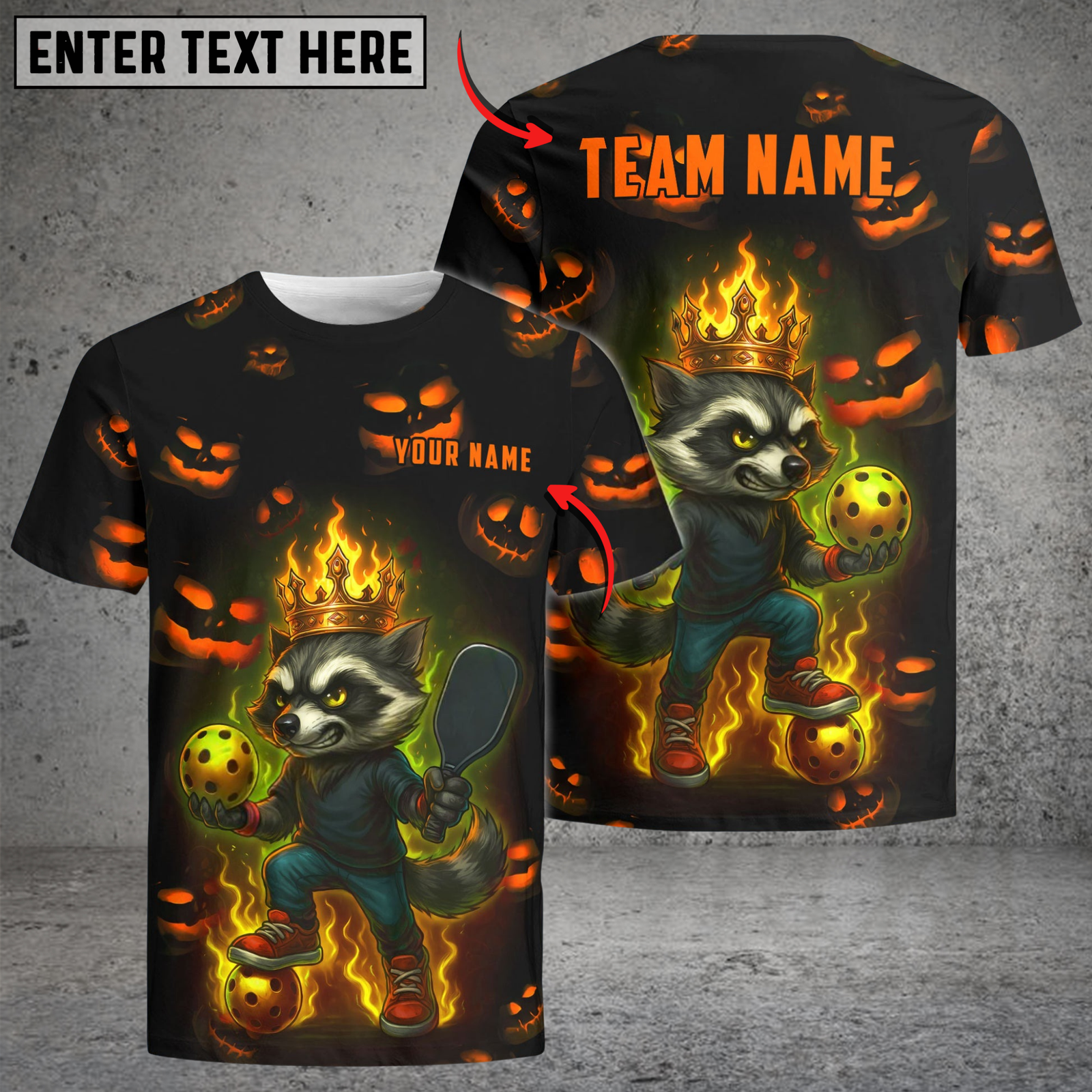 Blisscorners Pickleball Neon Raccoon Flame Crown Customized Name & Team Name 3D Shirts