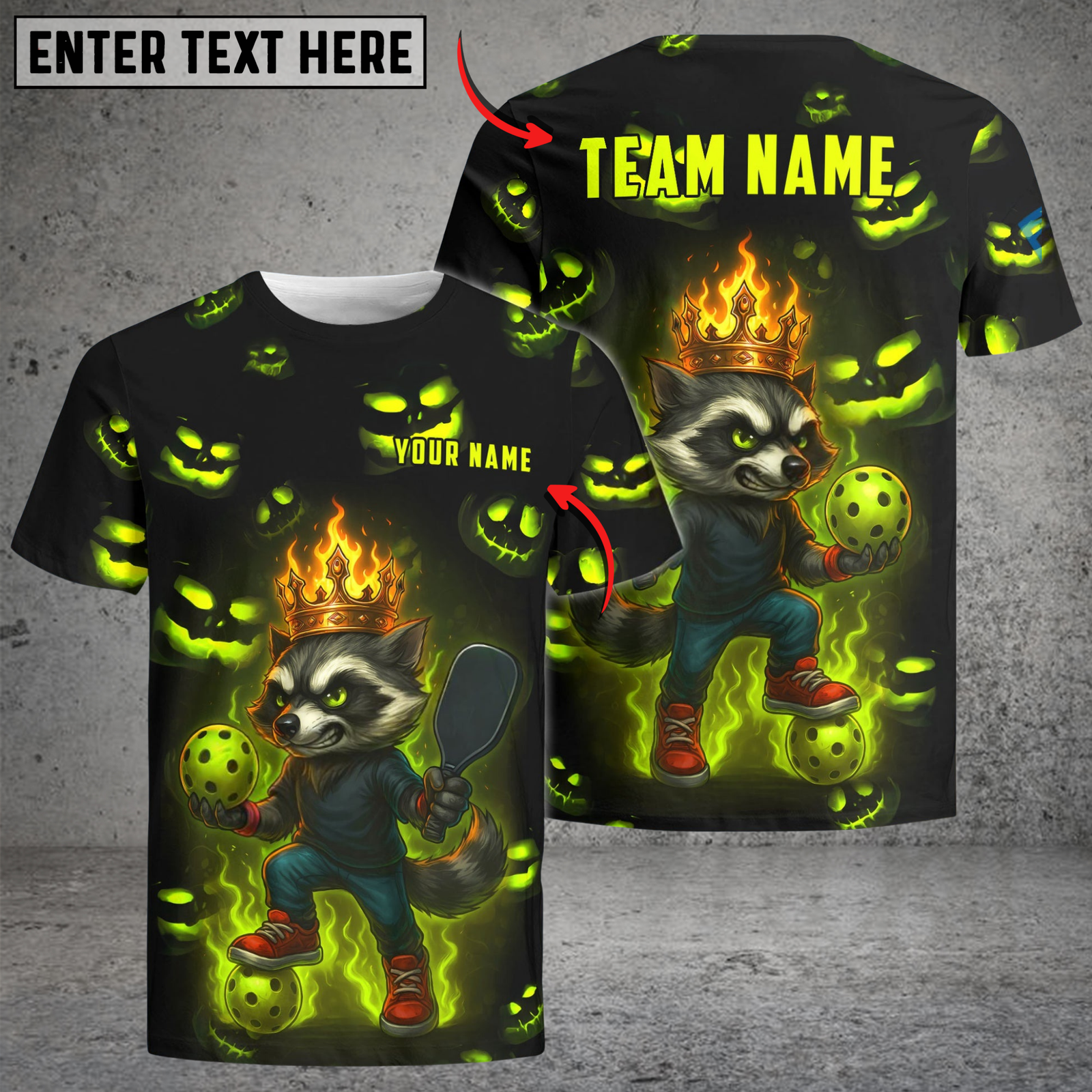 Blisscorners Pickleball Neon Raccoon Flame Crown Customized Name & Team Name 3D Shirts