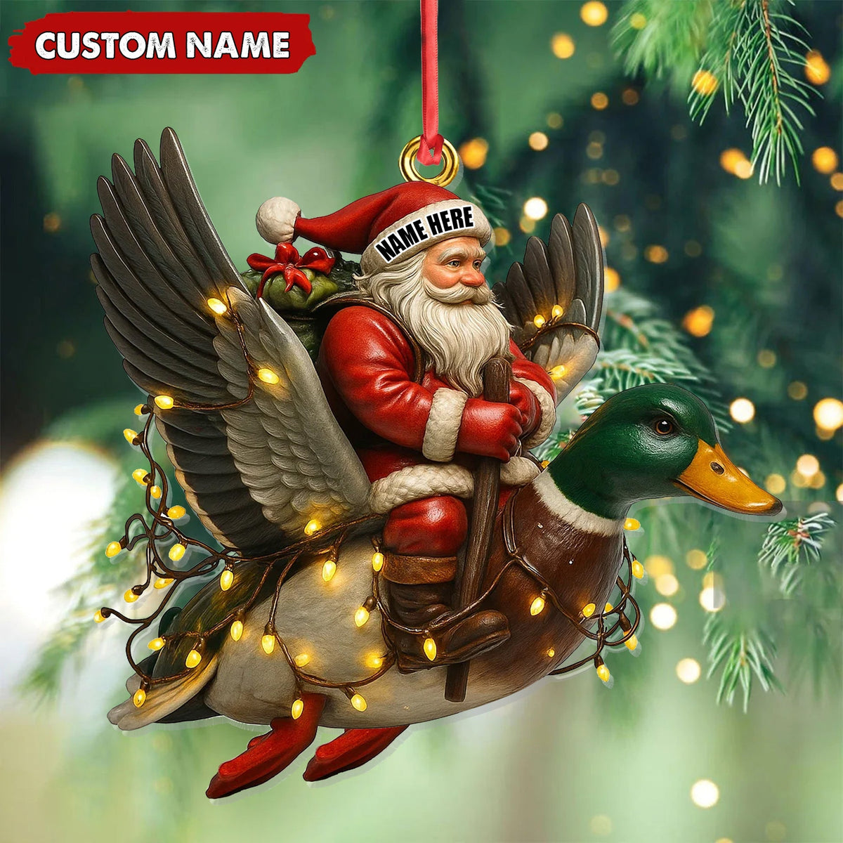 Blisscorners Personalized Santa Riding Duck Ornament, Custom Name Christmas Gift for Hunters LM0411