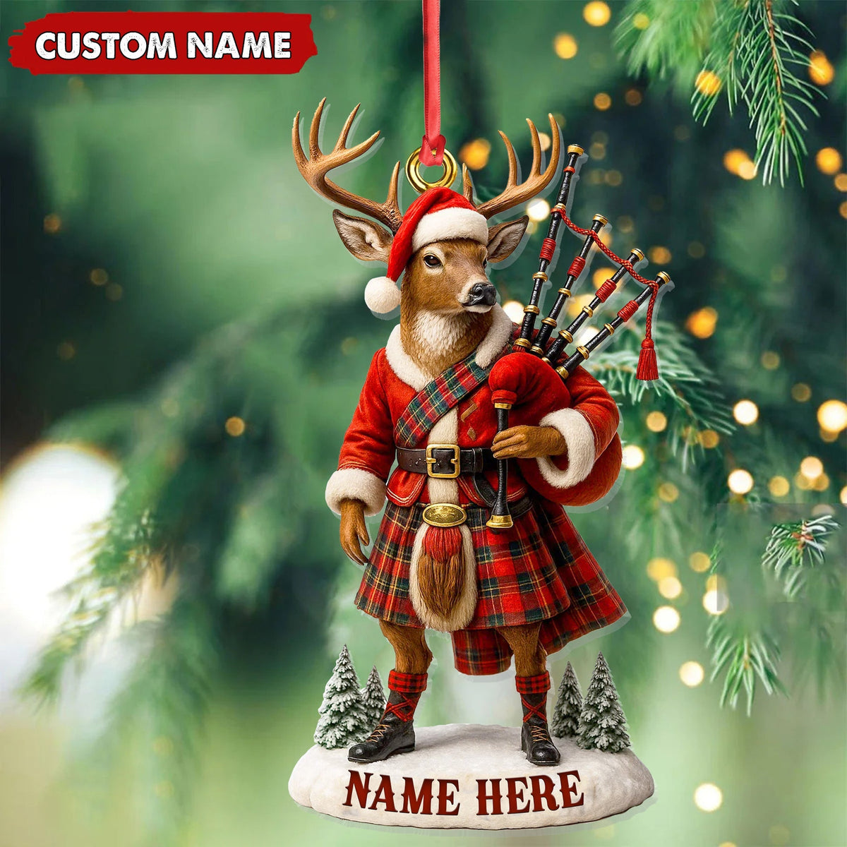 Blisscorners Personalized Scottish Deer Ornament, Custom Name Highland Bagpiper Christmas Decoration LM0411