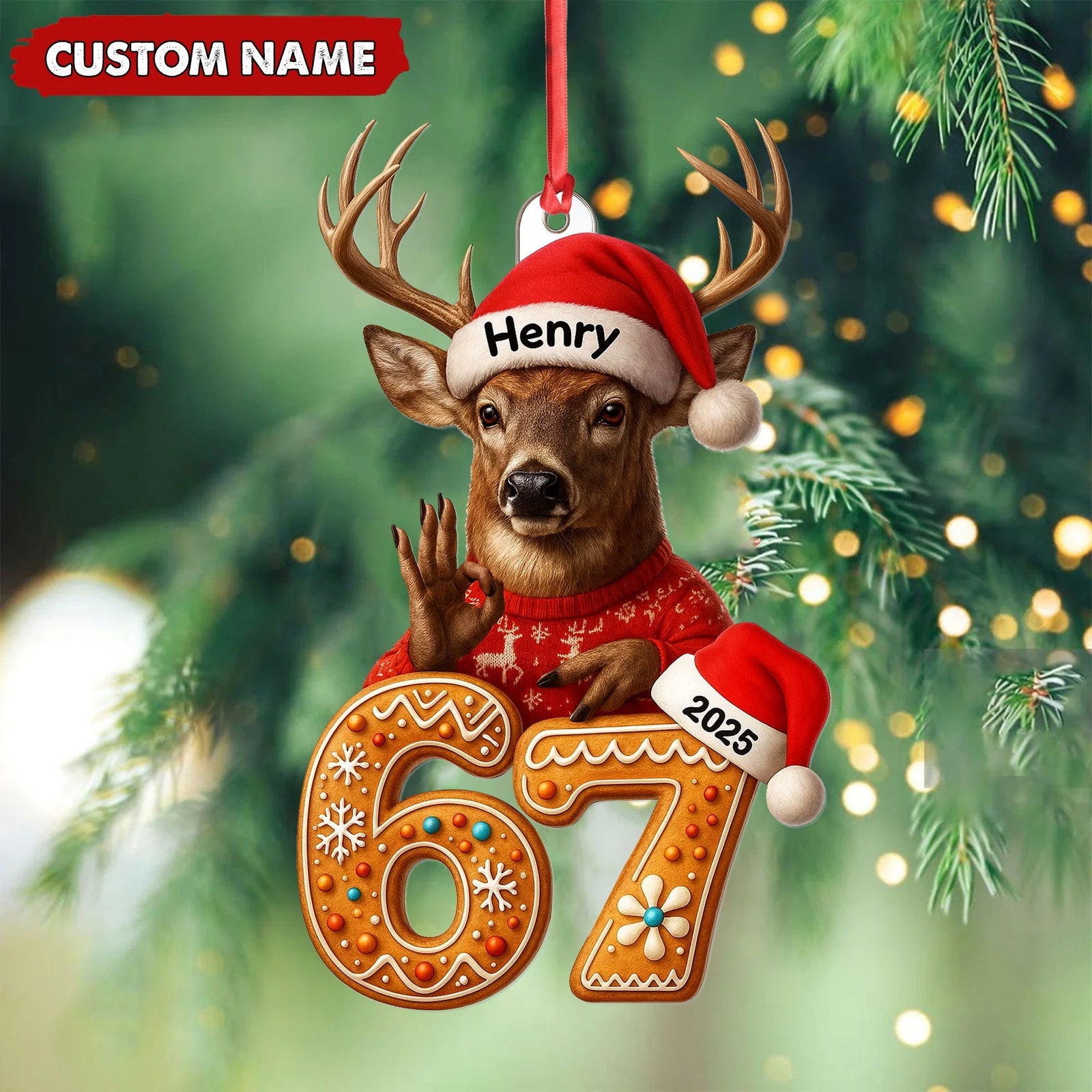 Blisscorners Personalized Deer Christmas Ornament, 67 Gingerbread Number Decoration 2025, Funny Buck Birthday Holiday Tree Gift MT2411
