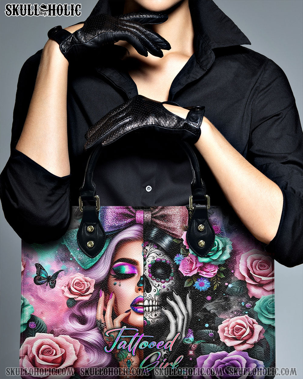 BLISSCORNERS TATTOOED GIRL SKULL LADY LEATHER HANDBAG