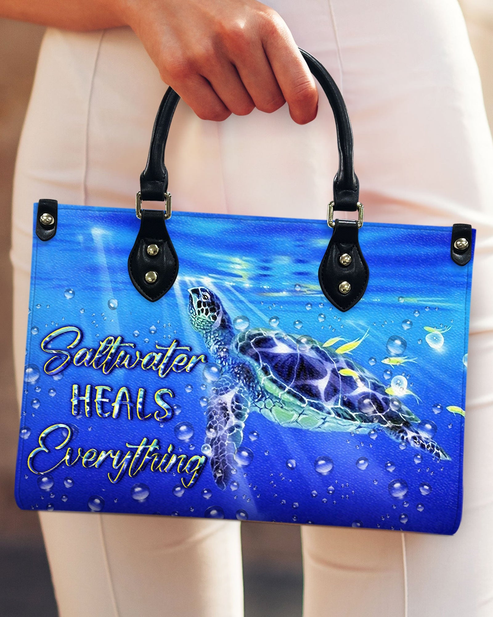 BLISSCORNERS SALTWATER HEALS EVERYTHING TURTLE LEATHER HANDBAG