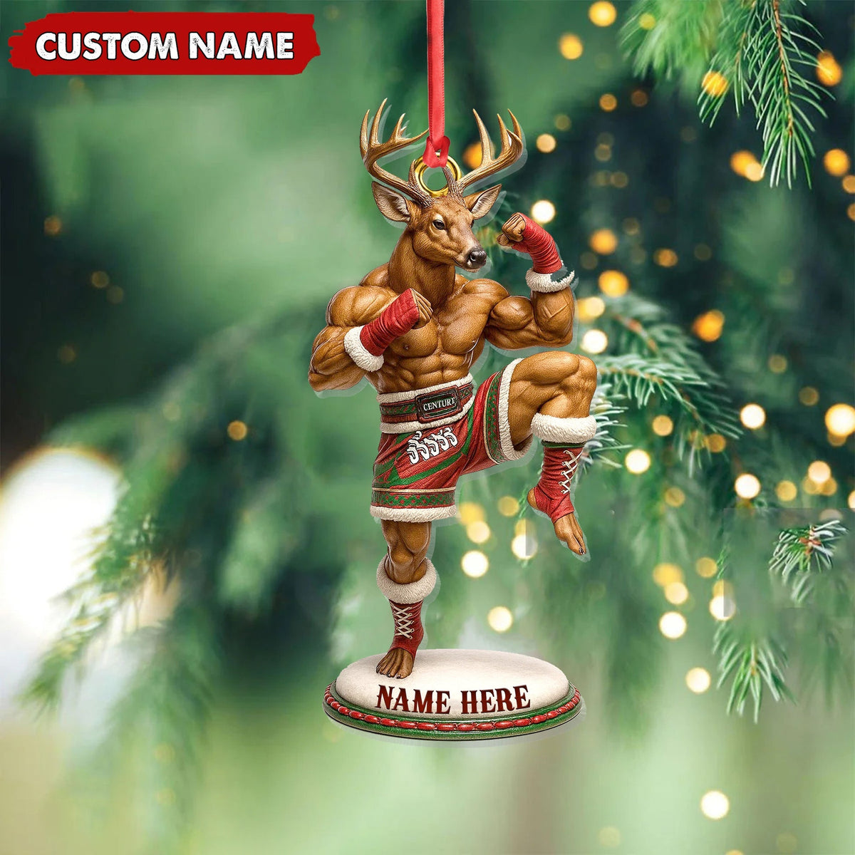 Blisscorners Custom Name Muay Thai Deer Ornament, Funny Boxing Deer Christmas Decoration LM0411
